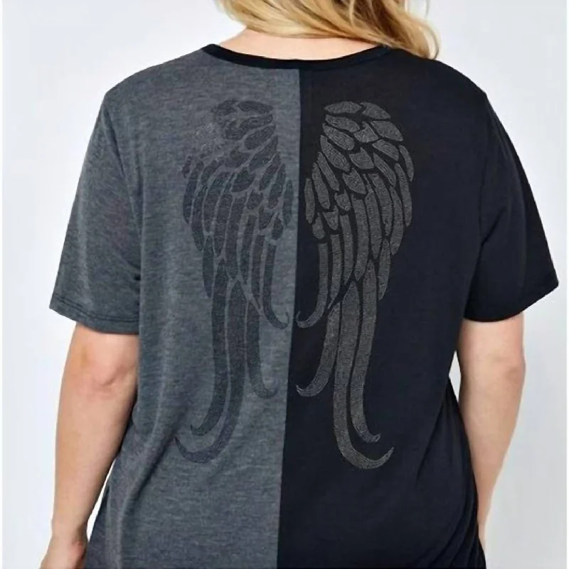 Final Markdown Color Block Plus Top With Rhinestone Angel Wings On Back In Black, Grey