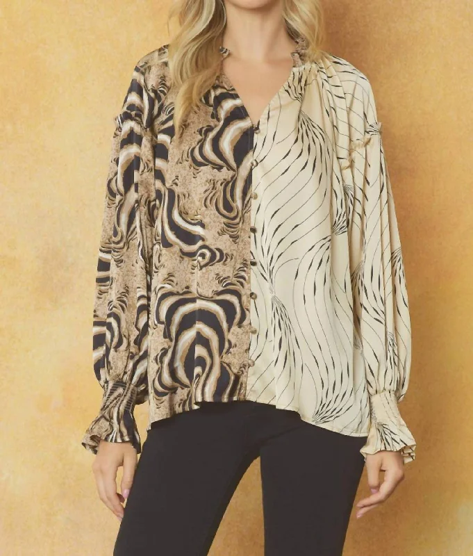 Amazing Deals Contrast Print V-Neck Blouse In Mocha And Ecru