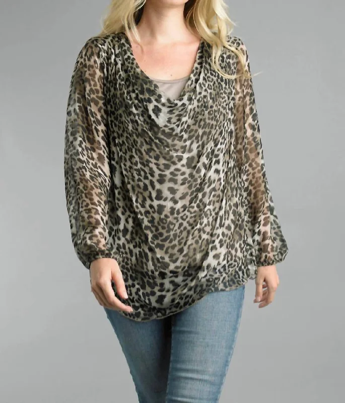 Bonus Savings Cowl Neckline Sheer Blouse With Lining In Cheetah Print