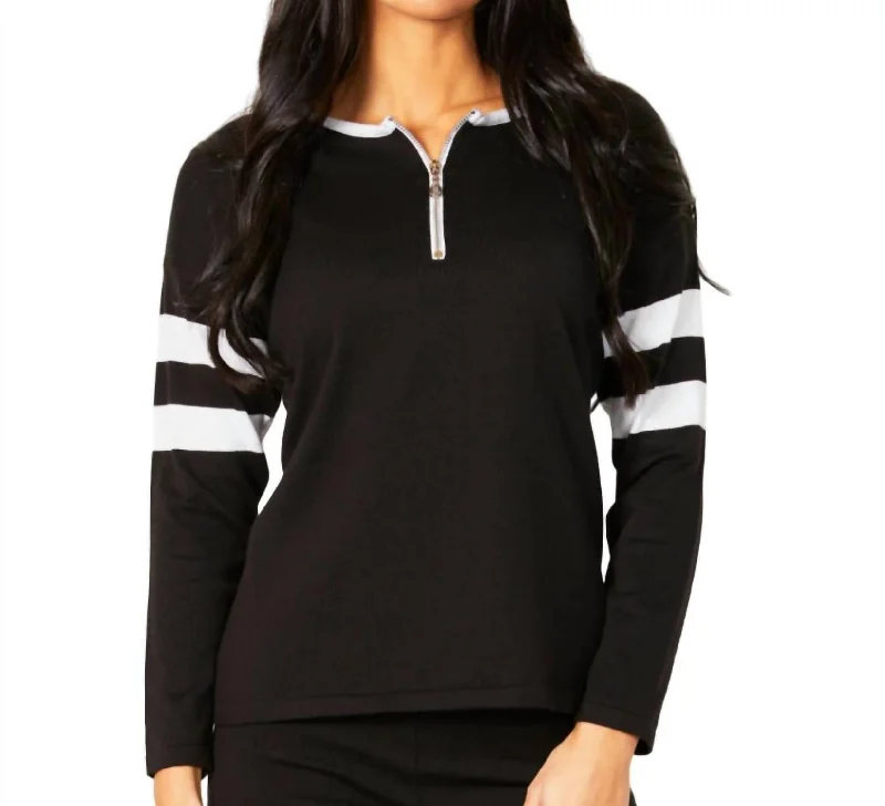 Price Blitz Crew Stripe Zip Detail Top In Black