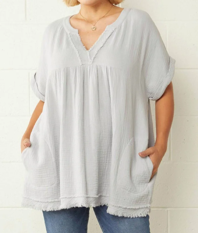 Limited Quantity Crinkled Plus Top With Frayed Hems In Dusty Blue