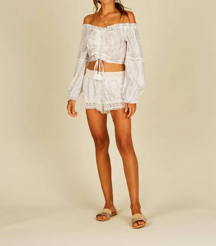 Savings Alert Crochet Tie Dye Off Shoulder Gold Star Crop Top In Grey