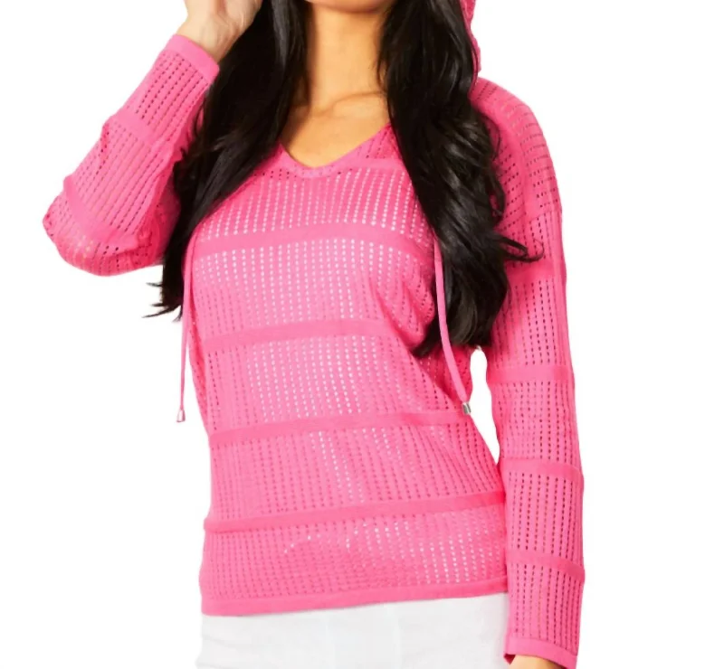 Don’t Miss Out Crochet V-Neck Hoodie In Petal