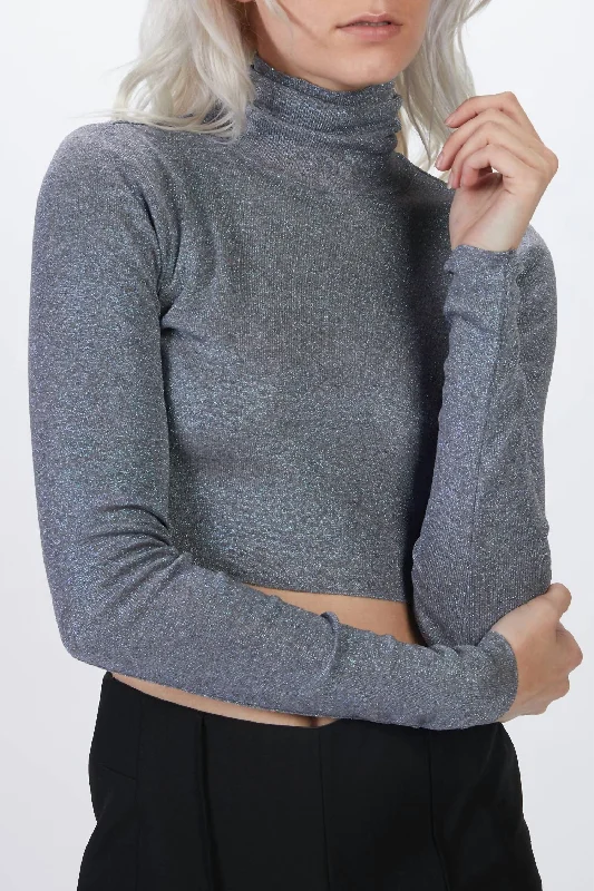 Overstock Crop Turtleneck Knit Top In Grey Blue
