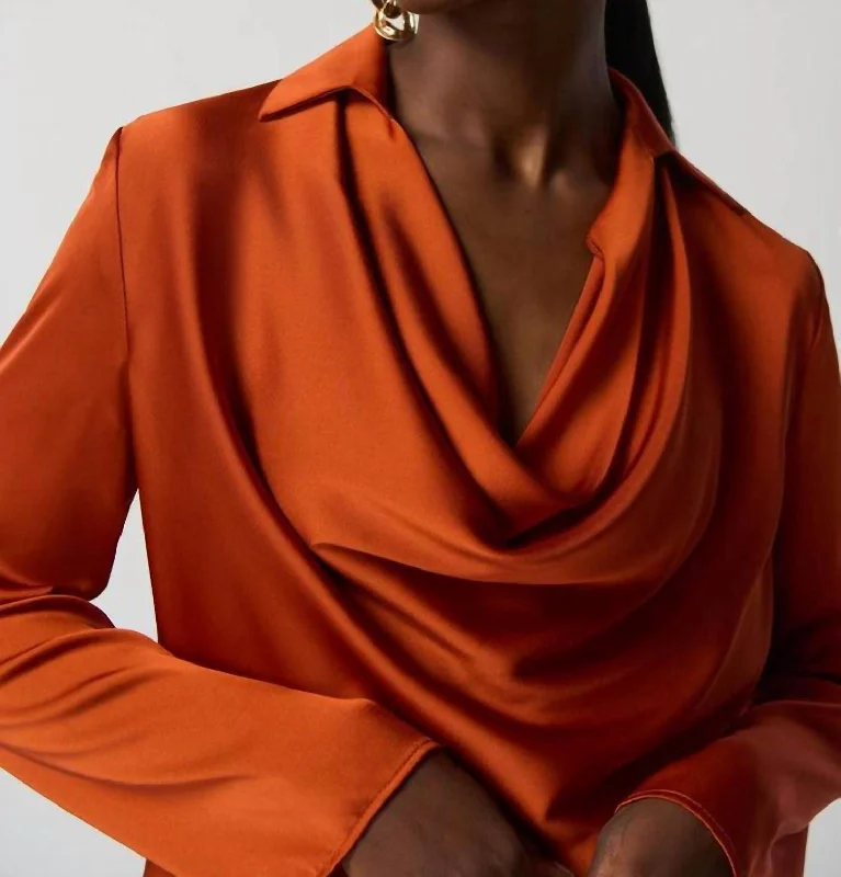 Members Only Crowl Neck Satin Blouse In Tandoori