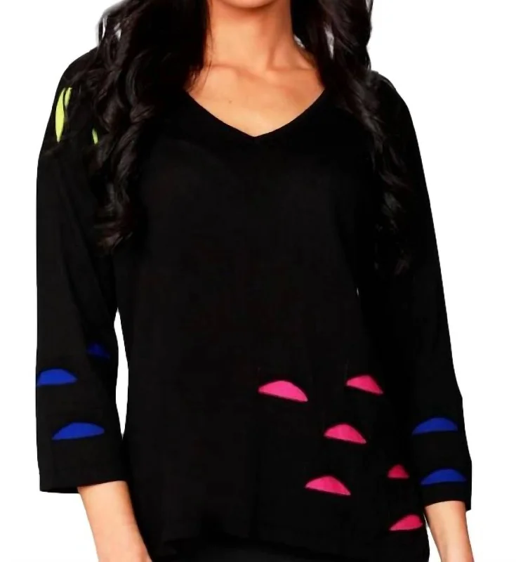 Stock Clearance Cut Out V-Neck Top In Black Multi
