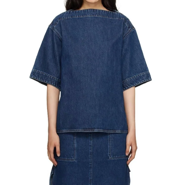 Early Access Dart Neck Denim Top In Dark Blue