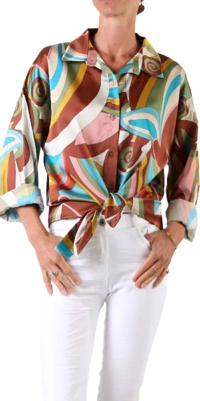 Midnight Madness Disco Tecca Satin Button Down Shirt In Multi Color