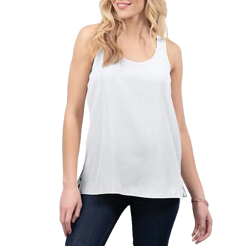 Online Only Distressed Satin Side Slit Tank Top In White