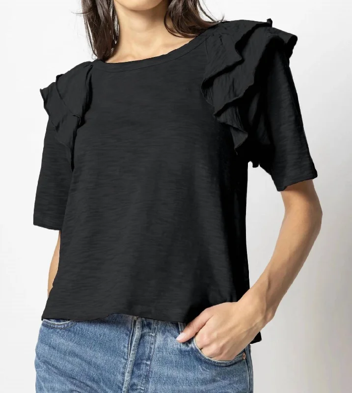 Early Access Elbow Sleeve Ruffle Crewneck Top In Black