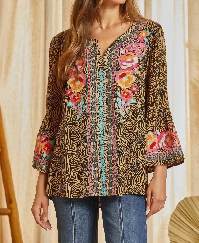 New Markdowns Embroidered Split Neckline Top In Mocha And Black