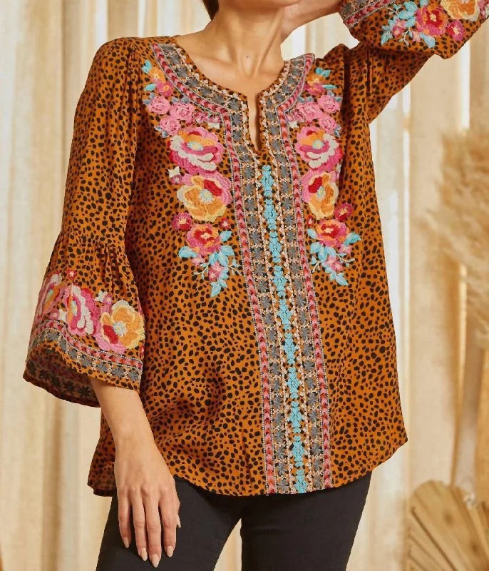 Savings Alert Embroidered Split Neckline Top In Mocha Multi