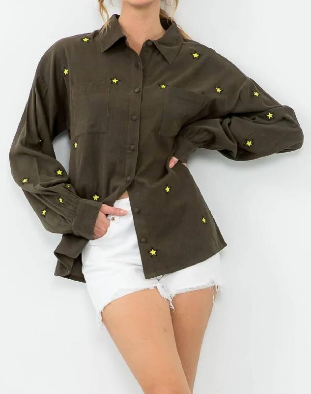 Fantastic Deals Embroidered Stars Top In Olive