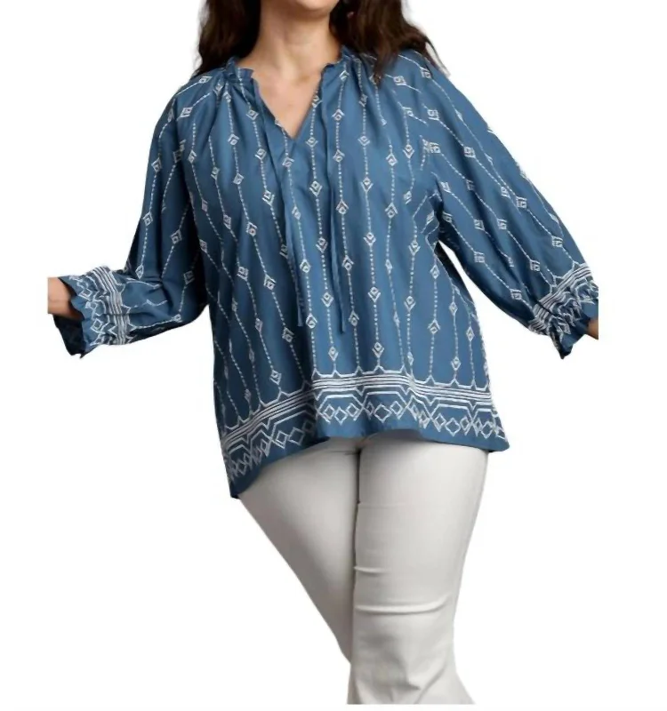 Exclusive Savings Embroidered Tie Front Top In Denim Blue