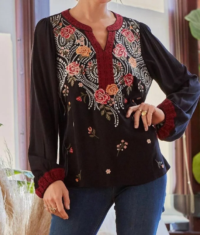 Low Prices Embroidered Top With V Neckline And Balloon Sleeves In Black
