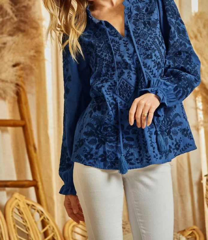 Limited Availability Embroidered Tunic Top In Navy