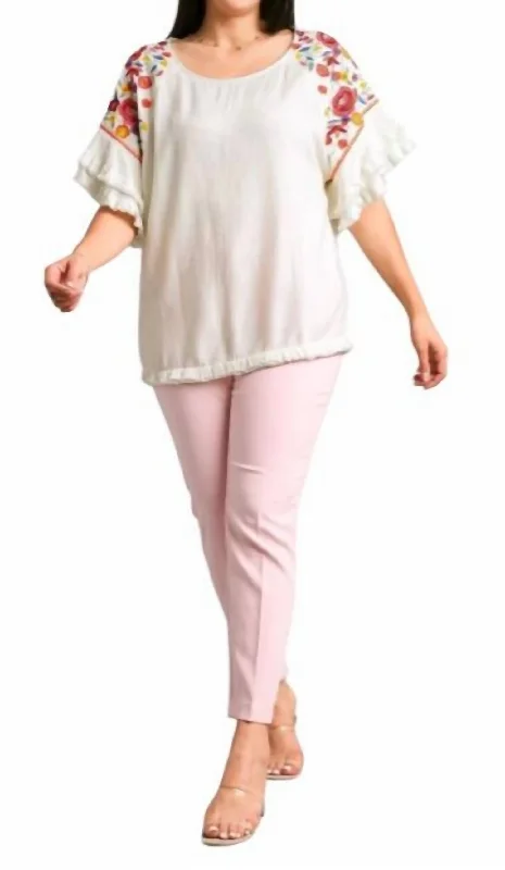 Factory Direct Sale Embroidery Round Neck Top In Off White