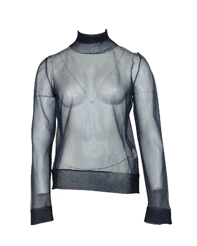 Weekend Deal Emilio Pucci Mesh Turtleneck Top in Navy Blue Polyamide