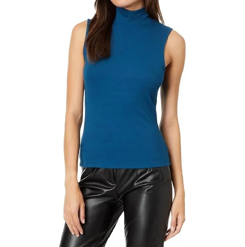 Discount Mania Essential Sleeveless Mock Neck Top In Blue Jewel