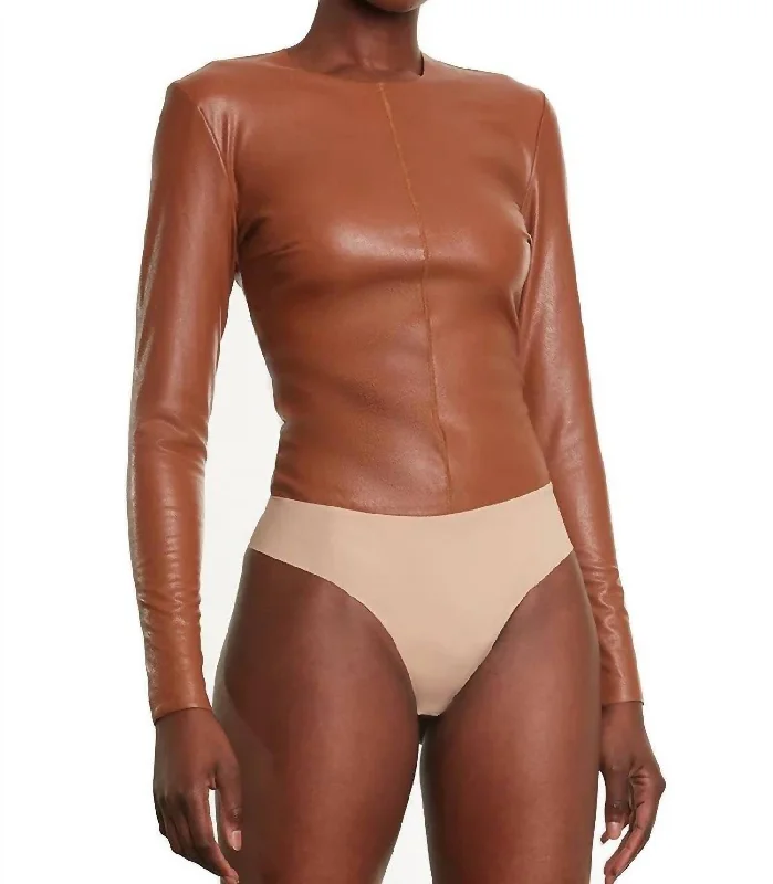 Anniversary Sale Faux Leather Longsleeve Crew Bodysuit In Cocoa