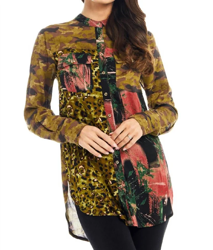Midnight Sale Faux Leopard Button Front Shirt In Camouflage