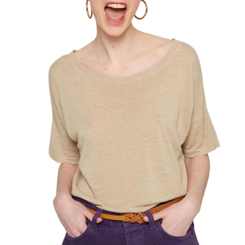 Best Bargains Flamed Linen Button Back T-Shirt In Light Beige
