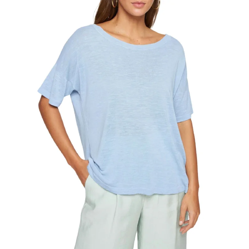 Stock Clearance Flamed Linen Button Back T-Shirt In Light Blue