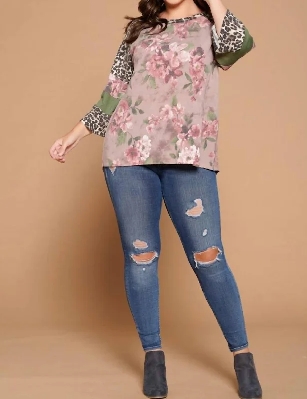 Steals and Deals Floral And Leopard Raglan Sleeve Plus Top In Mauve