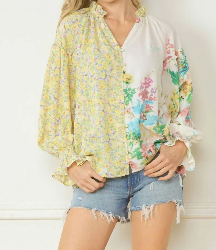 Early Access Floral Contrast Print V-Neck Blouse In Lemon And Green