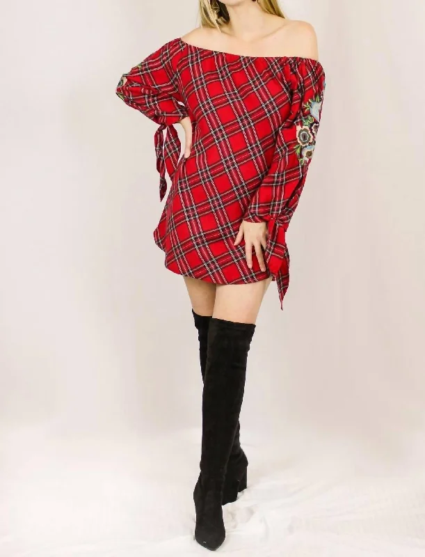 Markdowns Floral Embroidered Tunic In Vibrant Red Plaid