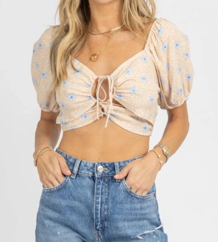 Super Sale Floral Off Shoulder Tie Crop In Taupe + Blue