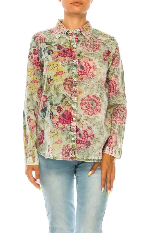 Daily Deals Floral Printed Button-Down Shirt In Basil