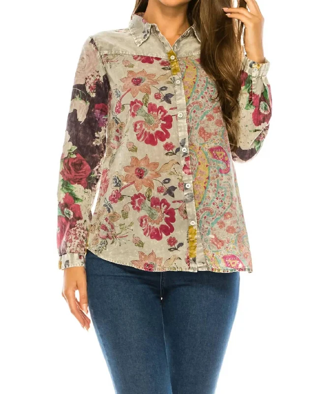 Markdowns Floral Printed Patchwork Shirt In Ash Gray
