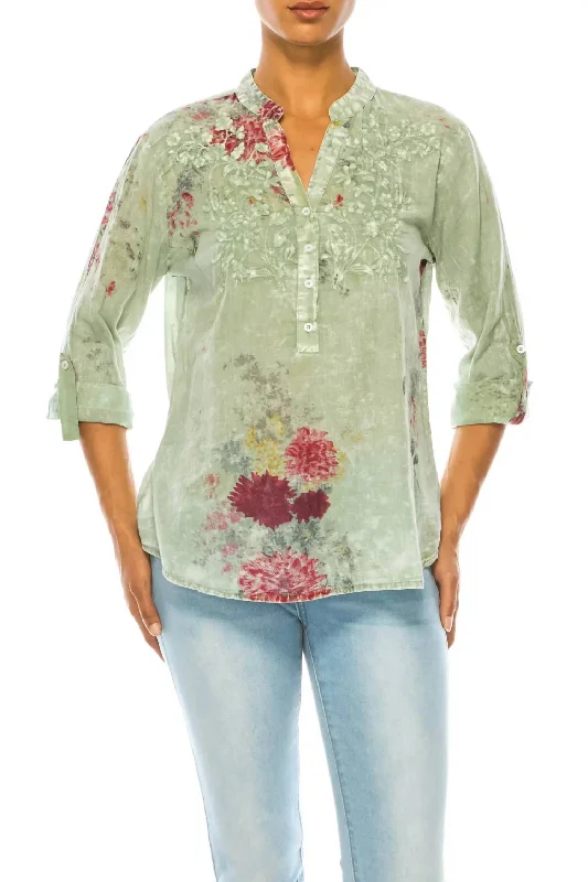 Special Price Floral Printed With Embroidery Top In Light Green Basil