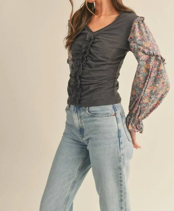 Lowest Price Floral Puff Sleeve Ruched Top - Graphite Grey