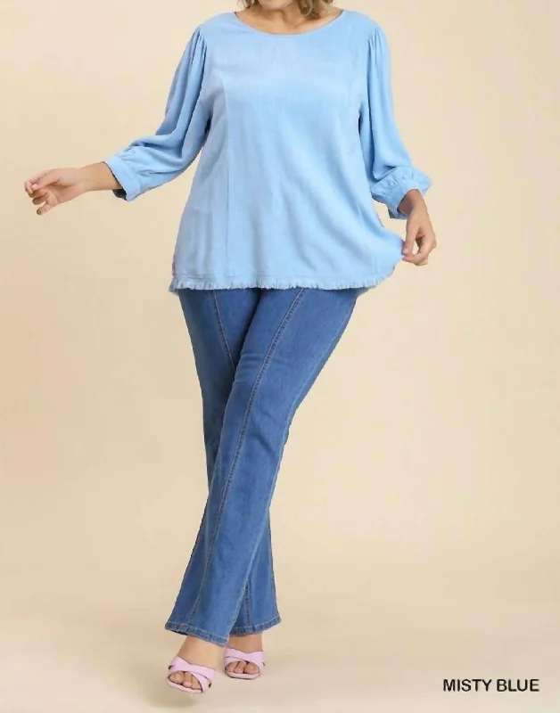 Price Slash Frayed Ruffle Hem Animal Print Cut Out Back Top In Misty Blue