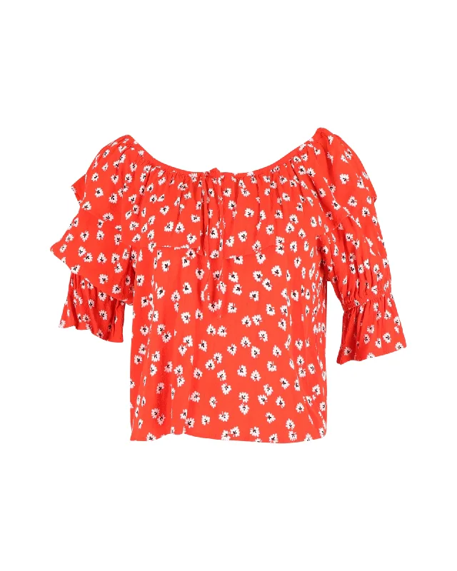Today Only Ganni Silvery Floral Off-Shoulder Top in Red Viscose