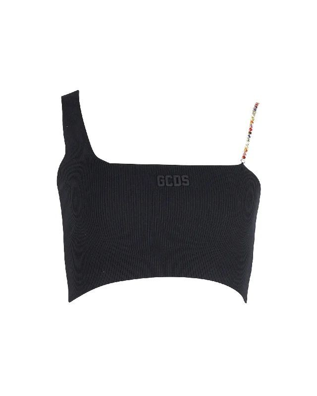Quick Sale GCDS Crystal Chain Strap Ribbed Crop Top in Black Cotton