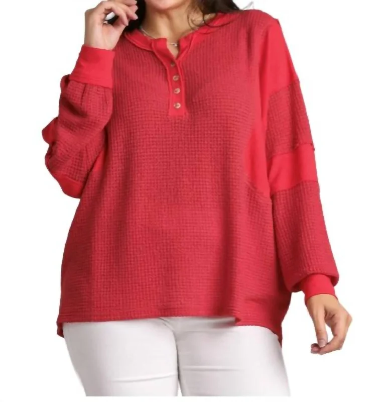 Reduced Prices Henley Waffle Knit Tunic Top In Red