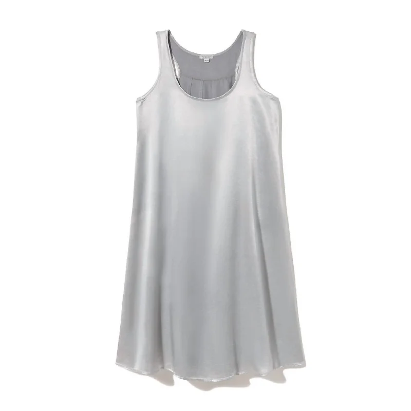 Act Fast Jessica Satin Knee Length Gown With Pleated Back In Dark Silver
