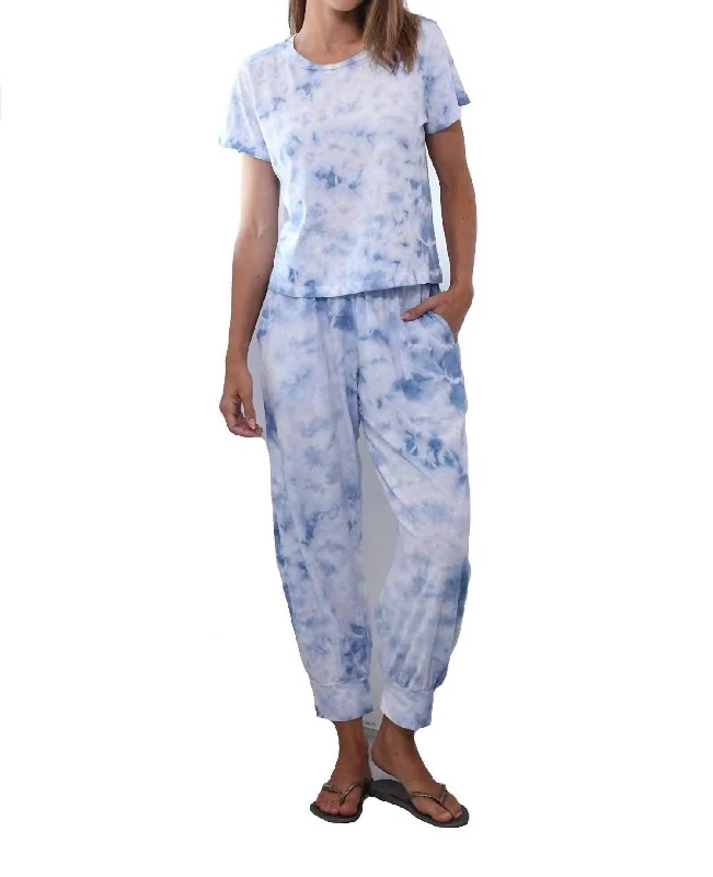 Markdown Madness Jojo Cherry Cotton Jogger Paired With Short Sleeve T Shirt Set In Tie Dye Ocean Blue