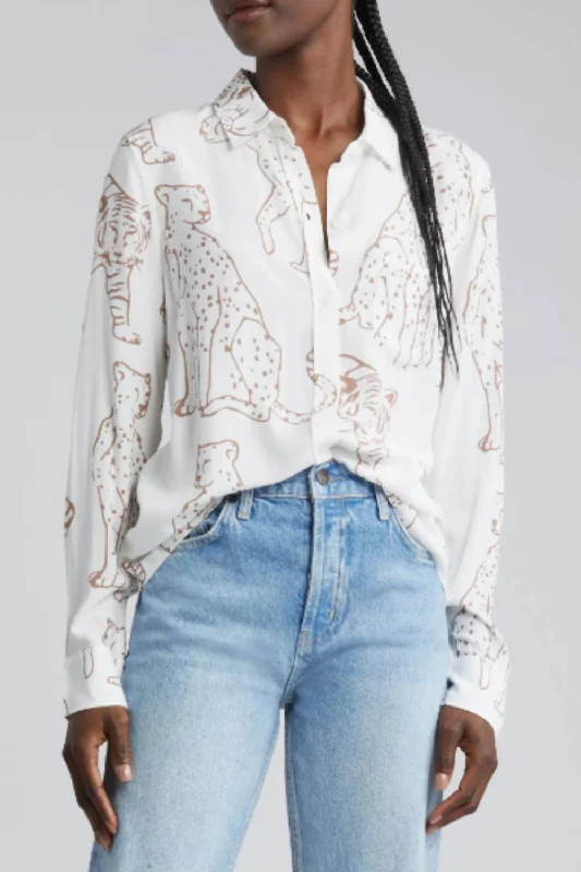 Epic Deals Kathryn Wild Cat Print Button-Up Shirt In White