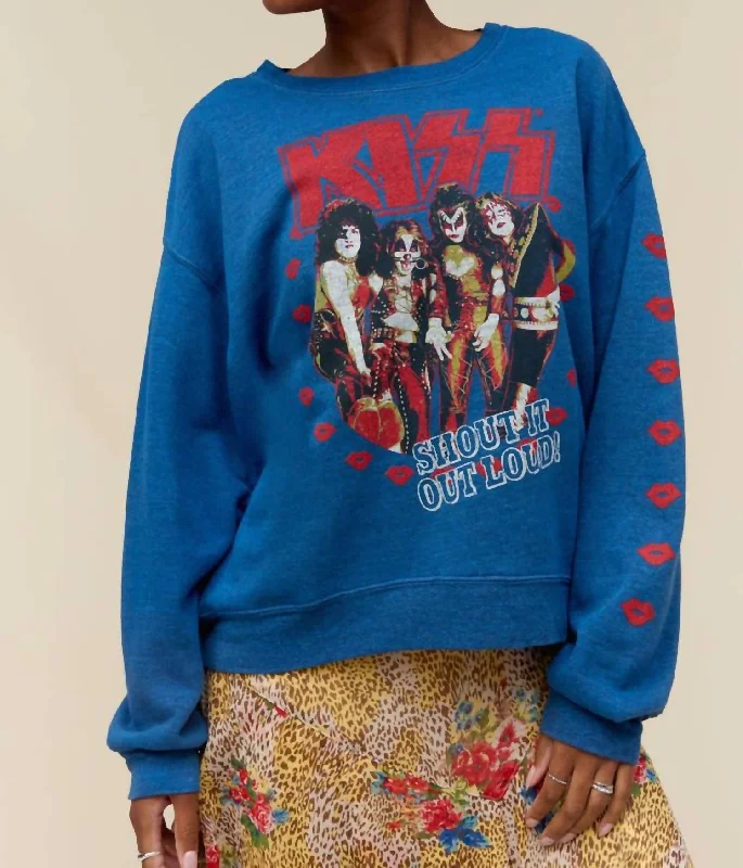 Season Finale Sale Kiss Shout It Out Loud Oversized Crew Top In Blue Multi