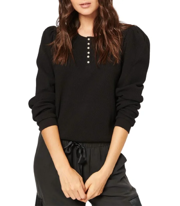 Unbeatable Prices Leilani Waffle Knit Feminine Henley Top In Black