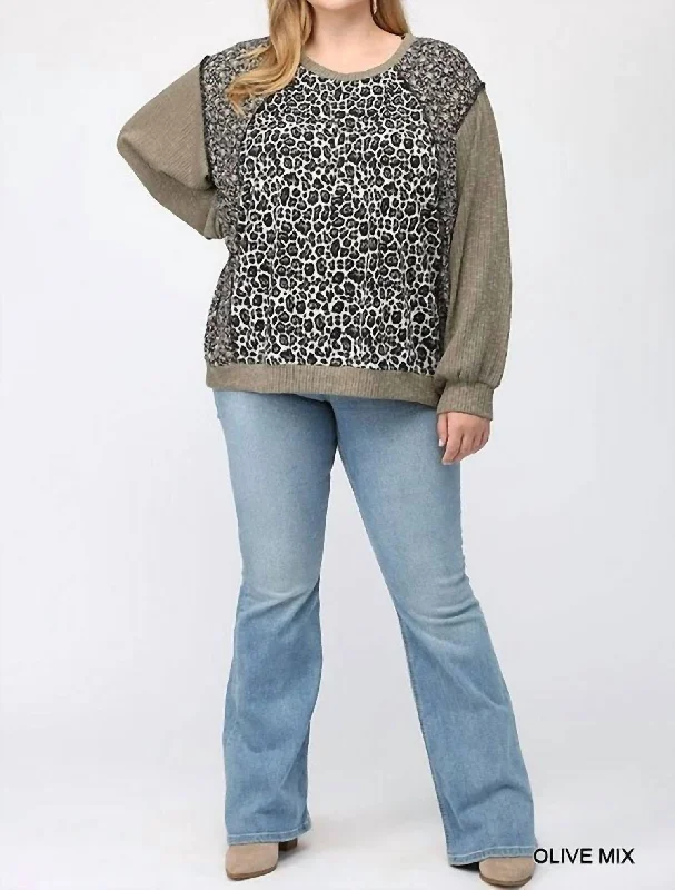 Stock Clearance Leopard And Ditsy Mixed Print Dolman Top In Olive