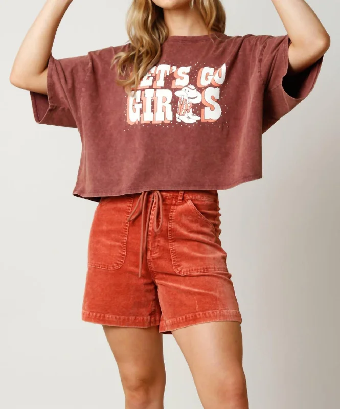 Act Fast Let's Go Girls Cropped T-Shirt In Burgundy