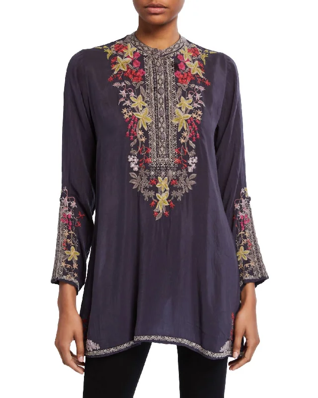 Huge Savings Lilianna Loose Fit Embroidered Tunic In Grey Onyx