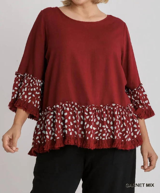 Huge Discounts Linen Blend Animal Print Bell Sleeve Top In Garnet