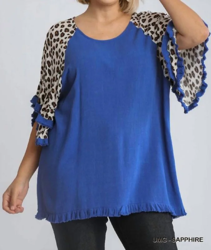 Early Bird Discount Linen Blend Animal Print Layered Bell Sleeve Plus In Sapphire