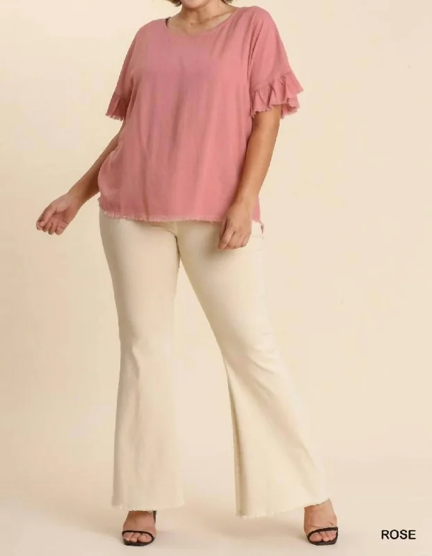 Holiday Sale Linen Blend Round Neck Ruffle Sleeves Top In Rose
